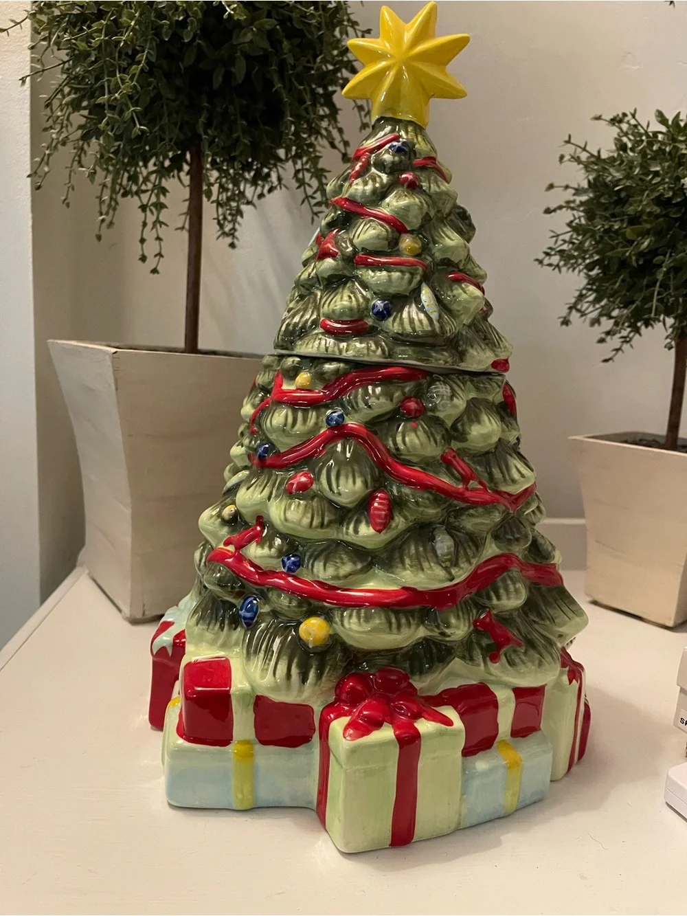 Decorative Ceramic Christmas Tree with Yellow Star - Green/Red Holiday Accent